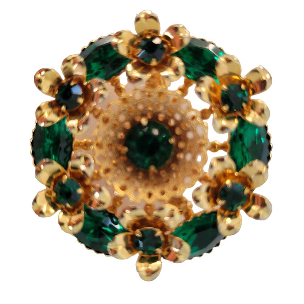 Vintage Brooch Women's Unsigned Gold Tone Filigree Floral Green Facet Cut Stone